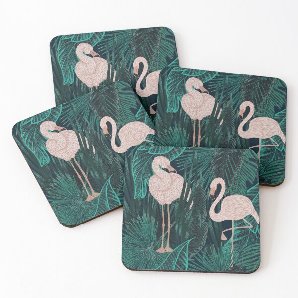 Item preview, Tropical seamless stylized concept digital print with pink flamingos, tropical green leaves, areca, banana leaves, rainforest plants. designed and sold by ANAKOTO.