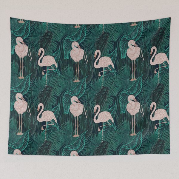 Item preview, Tropical seamless stylized concept digital print with pink flamingos, tropical green leaves, areca, banana leaves, rainforest plants. designed and sold by ANAKOTO.