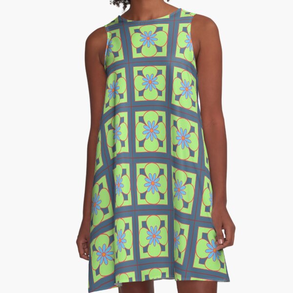 Beautiful floral tile repeat pattern, light green, sky blue and red on dusty blue A-Line Dress