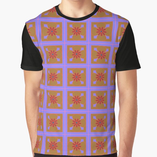 Beautiful floral tile repeat pattern, rich orange, olive, dark red on cornflower blue Graphic T-Shirt