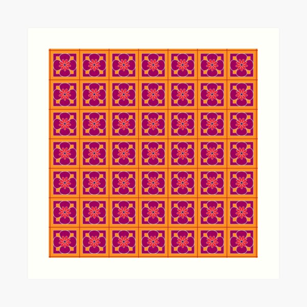 Beautiful floral tile repeat pattern, burgundy, silver, bright red on golden yellow Art Print