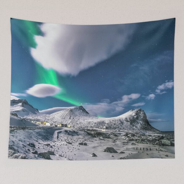 Item preview, mountains full of snow mixed with nortern lighs in the morning designed and sold by ImRotem.
