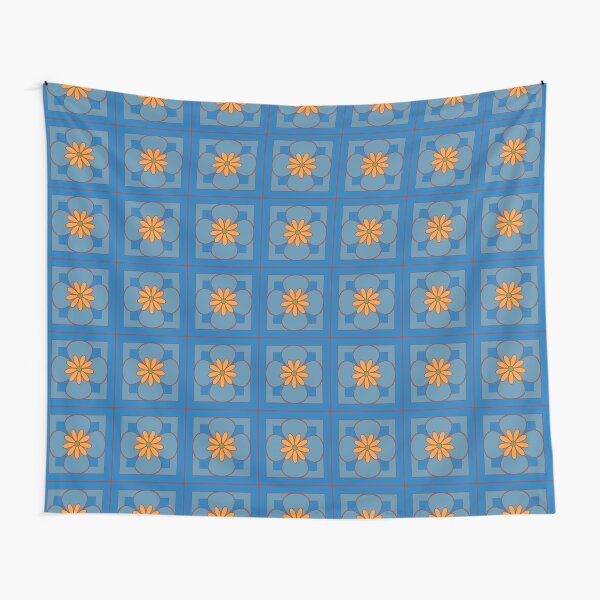Beautiful floral tile repeat pattern, dusty blue and orange on blue Tapestry