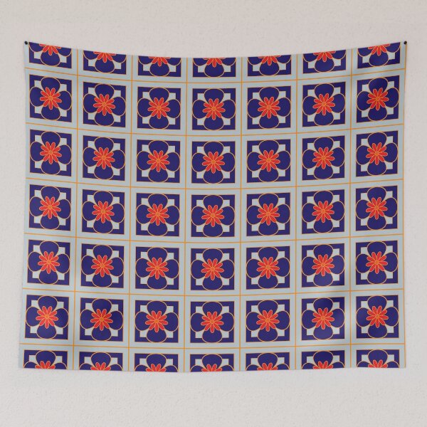 Item preview, Beautiful floral tile repeat pattern, red, orange, blue on silver grey designed and sold by Susan Marie Williams.