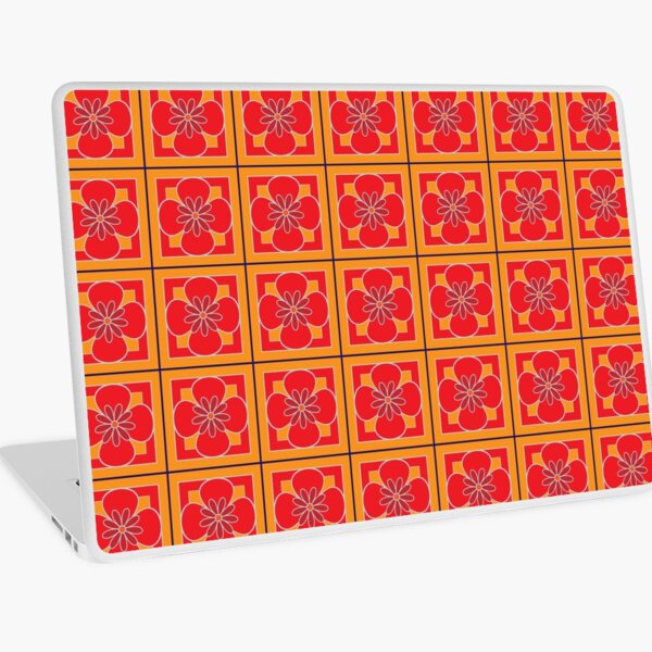 Beautiful floral tile repeat pattern, bright red, golden yellow, dark red Laptop Skin