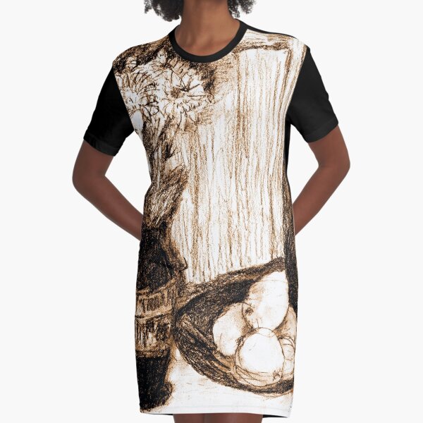 Flowers and Lemons in Sepia Graphic T-Shirt Dress