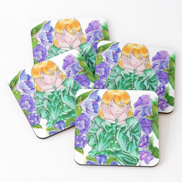 Item preview, School Blonde Bob Cut Girl near bright purple Periwinkle Flowers wearing green jacket designed and sold by leiriin.