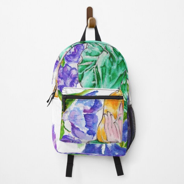 Item preview, School Blonde Bob Cut Girl near bright purple Periwinkle Flowers wearing green jacket designed and sold by leiriin.