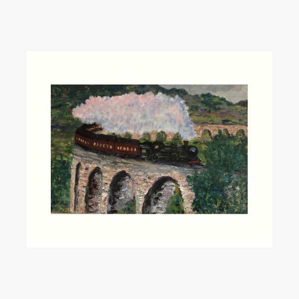Train steaming over bridge Art Print