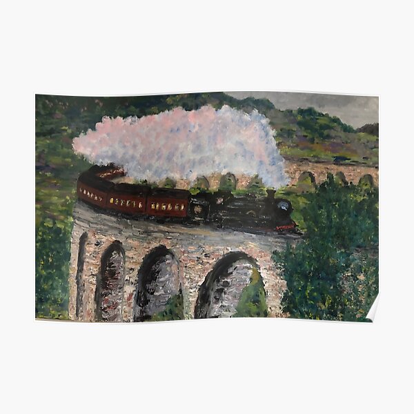 Train steaming over bridge Poster
