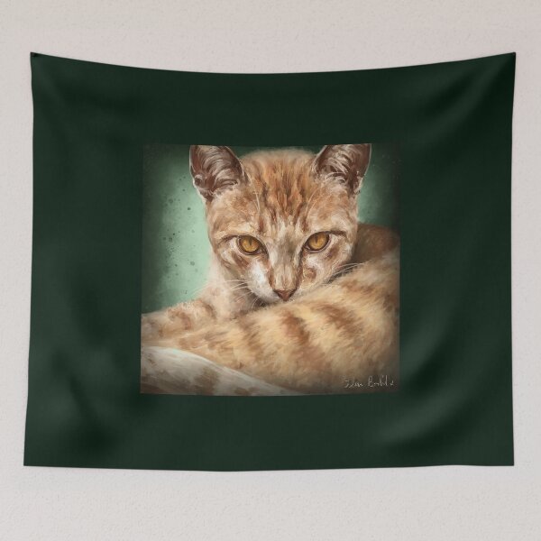Item preview, Painting of a an Orange Cat Looking Directly at You, Green Background designed and sold by ibadishi.