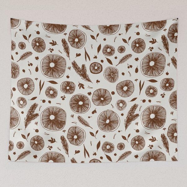 Item preview, Hand drawn mushrooms seamless vector pattern. Mushroom caps, berries, fir branches, fir needles leaves, a grey background designed and sold by Kizuneko.