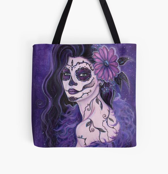 Daisy purple day of the dead art by Renee Lavoie All Over Print Tote Bag