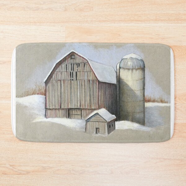 Item preview, Old Barn and Silo in Winter with Snow, Colour Pencil Drawing designed and sold by JoyfulWhimsy.