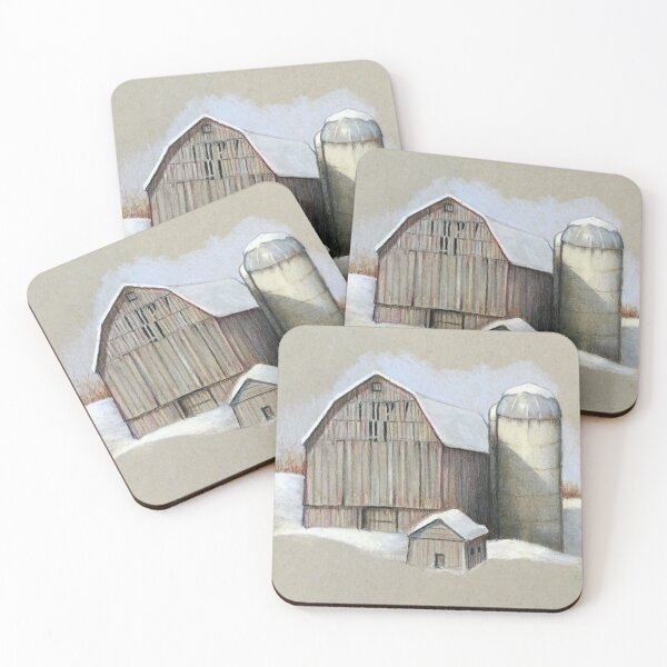 Item preview, Old Barn and Silo in Winter with Snow, Colour Pencil Drawing designed and sold by JoyfulWhimsy.