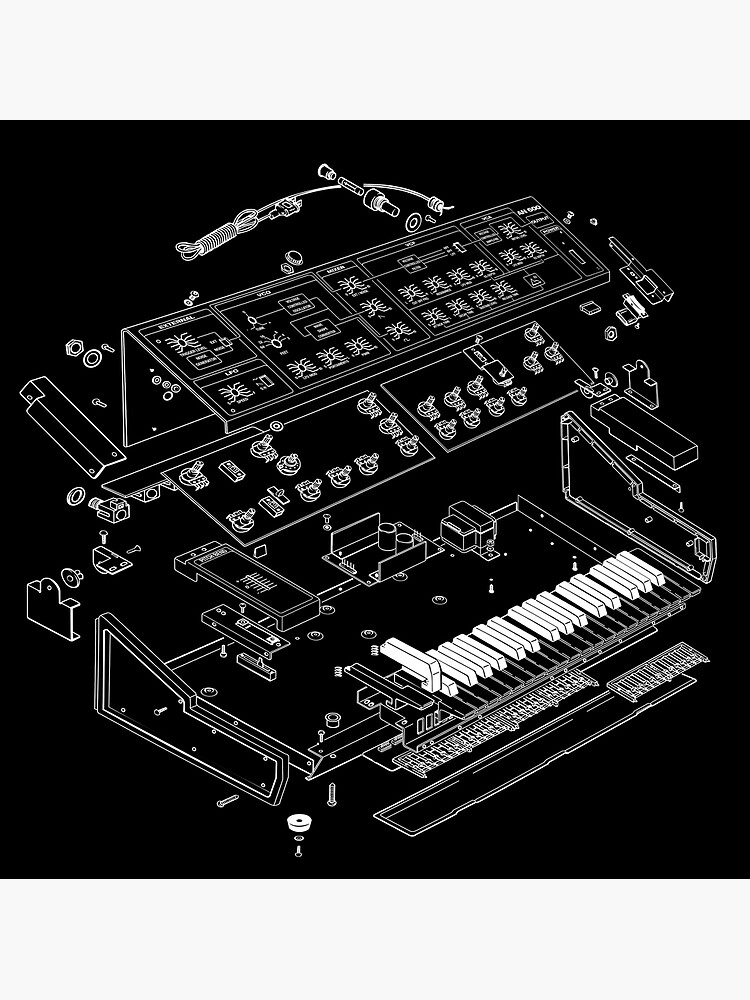 "Analog Synthesizer Exploded View (White on Black)" Poster by nukem