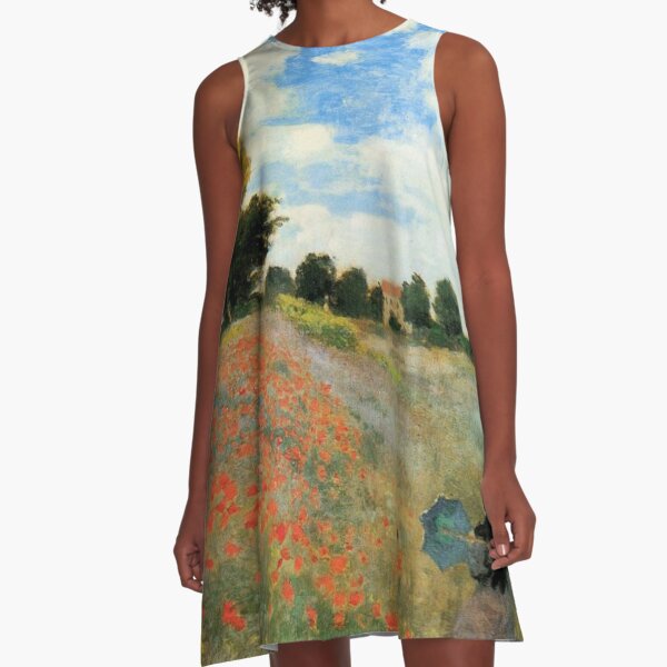 Monet - Poppy Field, Argenteuil, famous vintage painting A-Line Dress