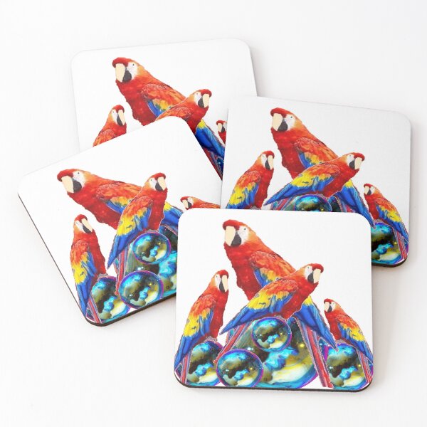 Item preview, RED-YELLOW MACAWS-PARROTS ON BLUE SOAP BUBBLES ART designed and sold by sharlesart.