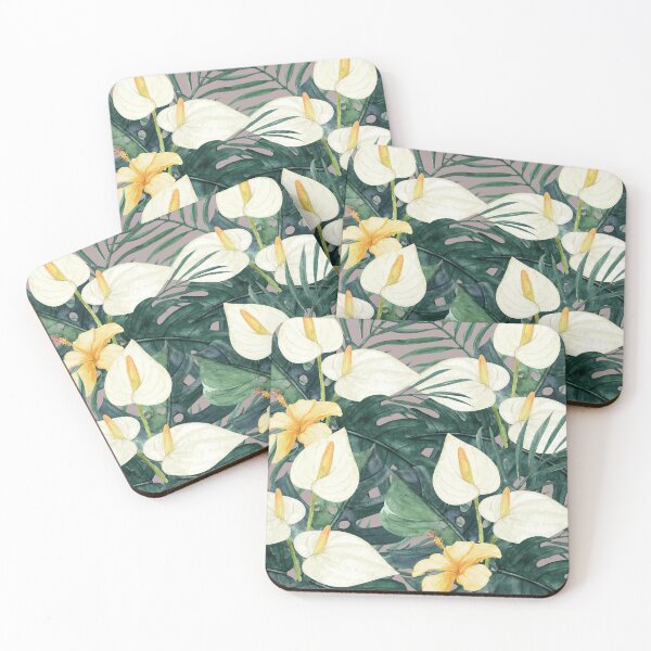 Item preview, White Arum lilies with leaves and orange flowers pattern designed and sold by Tania Steyn.