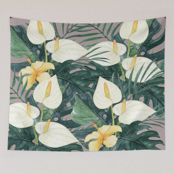 Item preview, White Arum lilies with leaves and orange flowers pattern designed and sold by Tania Steyn.