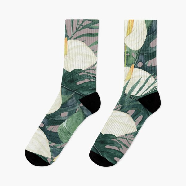 Item preview, White Arum lilies with leaves and orange flowers pattern designed and sold by Tania Steyn.