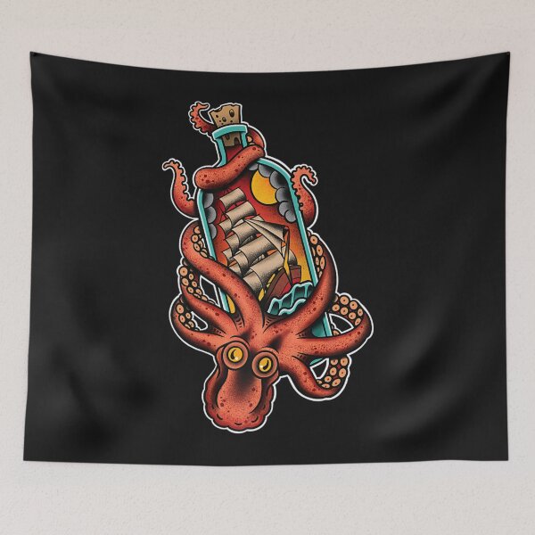 Item preview, Octopus and Clipper Ship in Bottle Old School Sailor Tattoo designed and sold by ANABARRIOS.