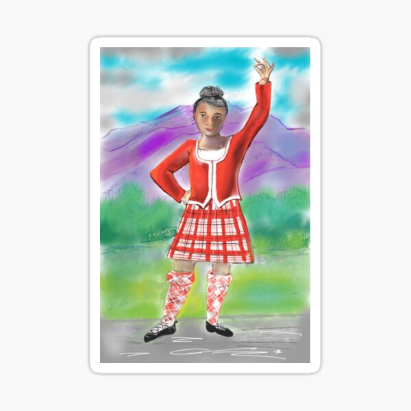 Item preview, Highland dancer in red kilt Scottish scenery in background  designed and sold by Izzy83.