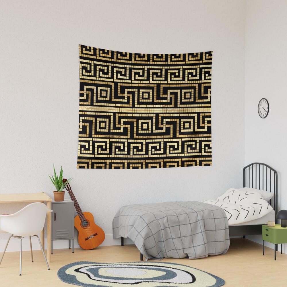 Mosaic Greek Meander Greek Key Black and Gold  Tapestry for Sale by  k9printart