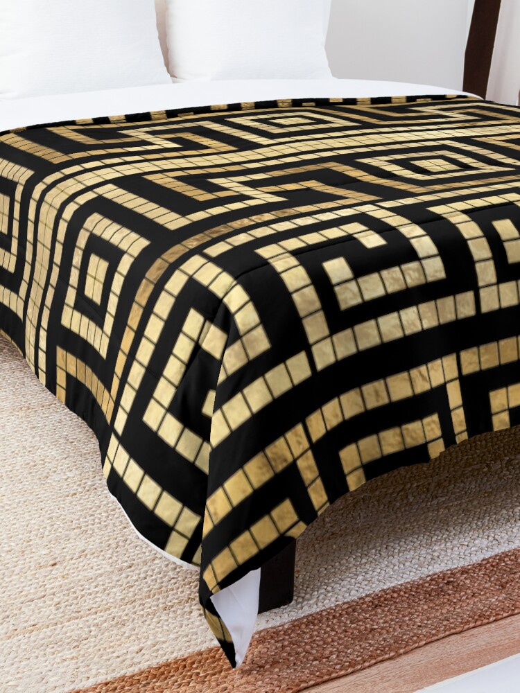 "Mosaic Greek Meander Greek Key Black and Gold " Comforter by