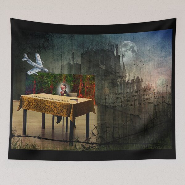 Item preview, German Boy at Table with Gun with Mig Jet and Moon with Birds designed and sold by KALEIDOSCOPE UK.