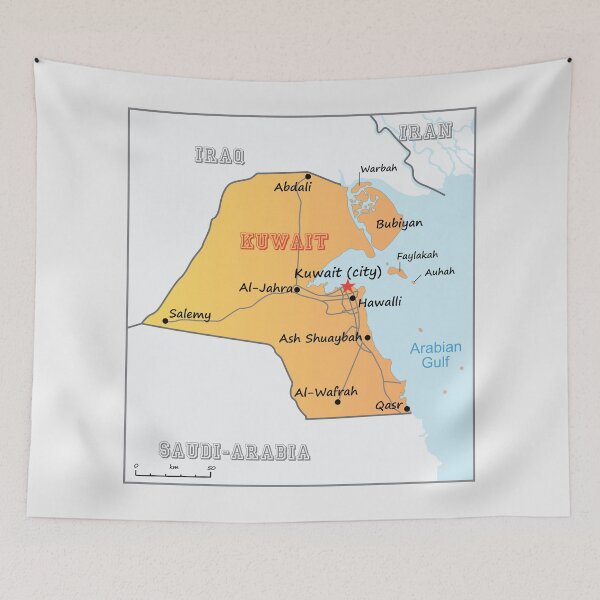 Item preview, Kuwait map with surrounding countries with international borders, governorate capitals, major cities, and main roads designed and sold by mashmosh.