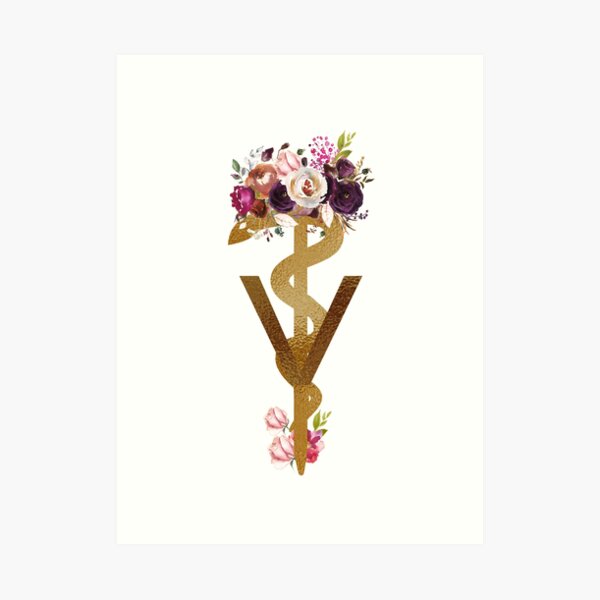Doctor of Veterinary Medicine Graduation DVM Gift, Floral Caduceus Medical Symbol with Flowers Art Print