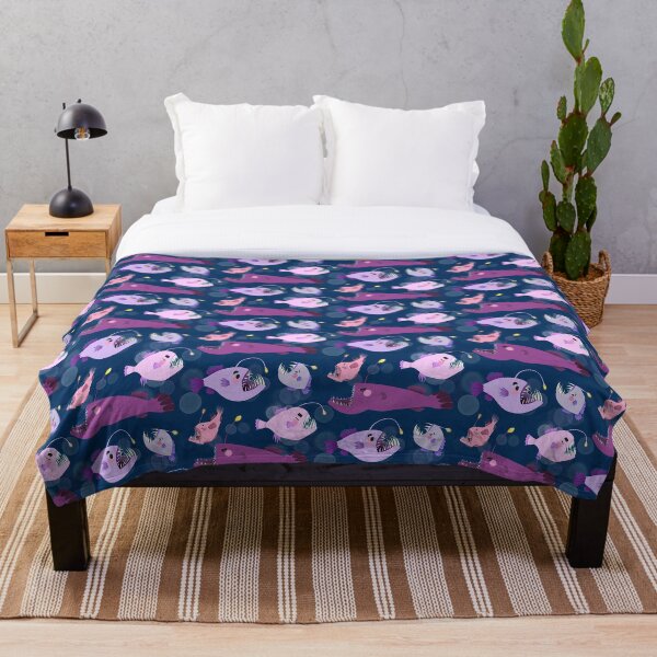 Anglerfish - Fun Pink and Purple Cartoon Fish Ocean Pattern Throw Blanket