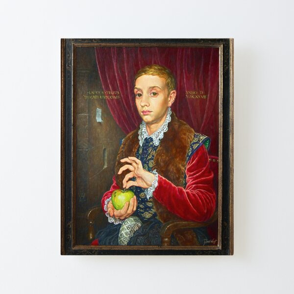 Boy With Apple Painting with painted frame Canvas Mounted Print