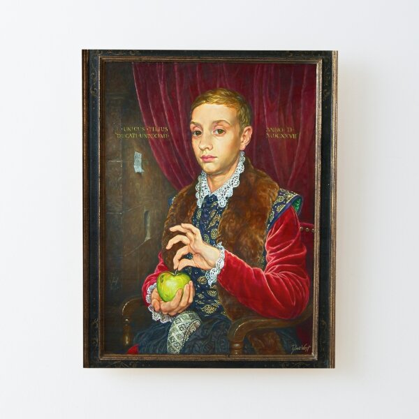 Niño con manzana pintando con marco pintado Lámina montada de madera