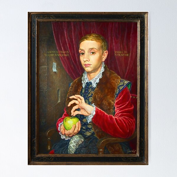 Boy With Apple Painting with painted frame Poster