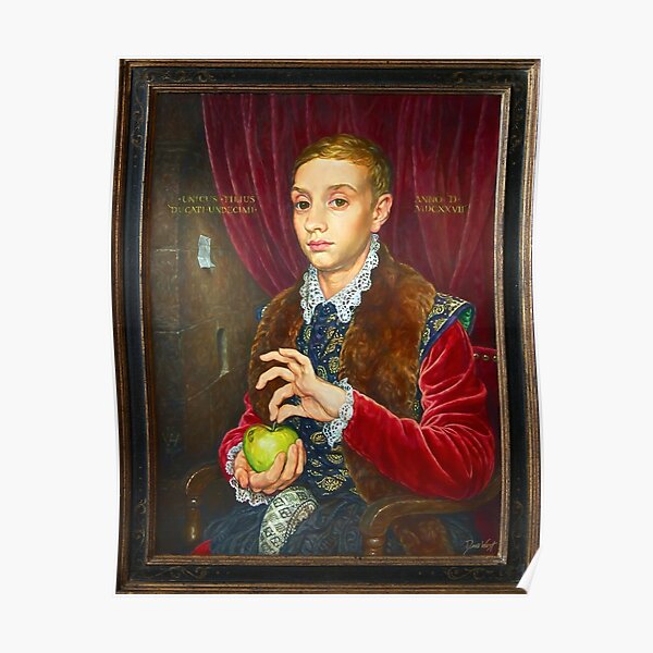 Boy With Apple Painting with painted frame Poster