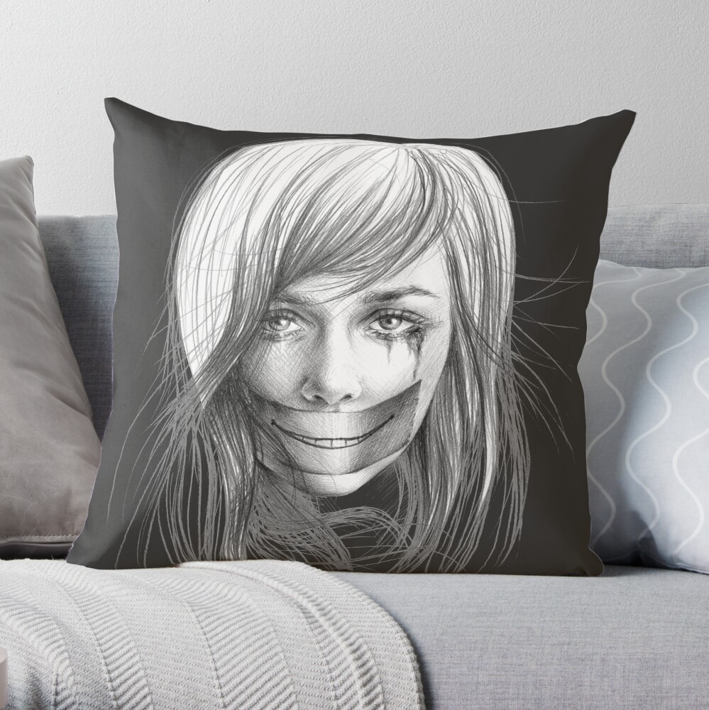 Keep smiling Girl crying Fake smile Dark art Drawing | Throw Pillow