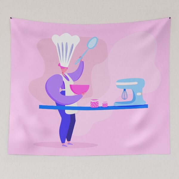 Item preview, girl cook in a white cap with a pink cup in her hands prepares.  designed and sold by milkyway555.