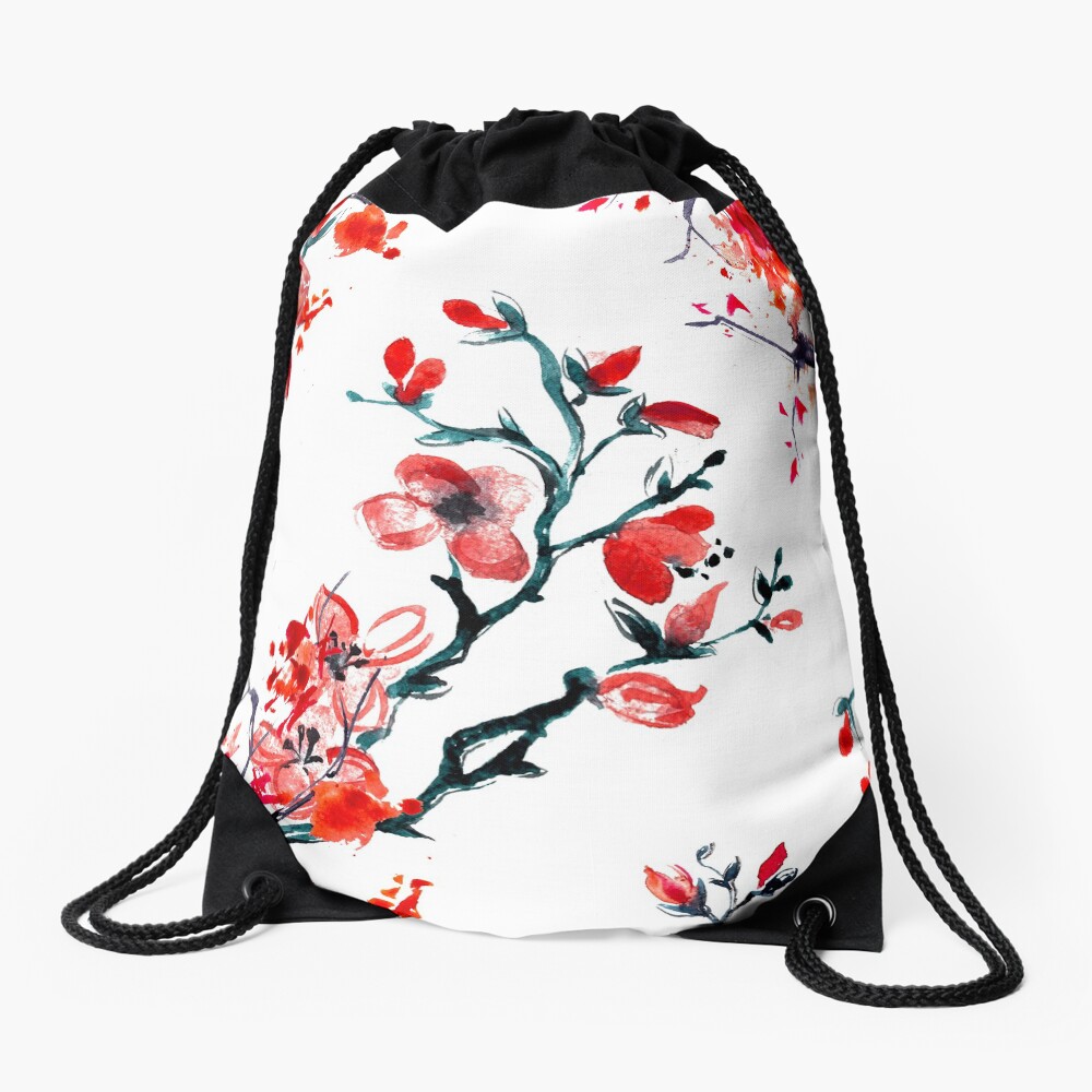 Red cherry blossom Drawstring Bag