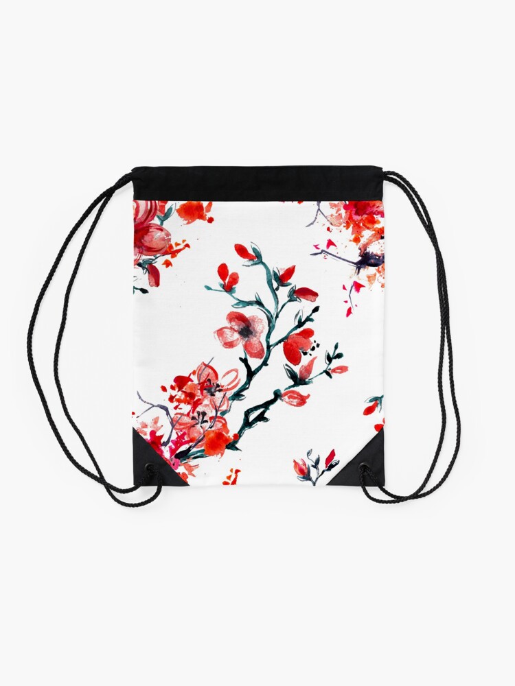 Alternate view of Red cherry blossom Drawstring Bag