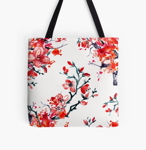 Red cherry blossom All Over Print Tote Bag