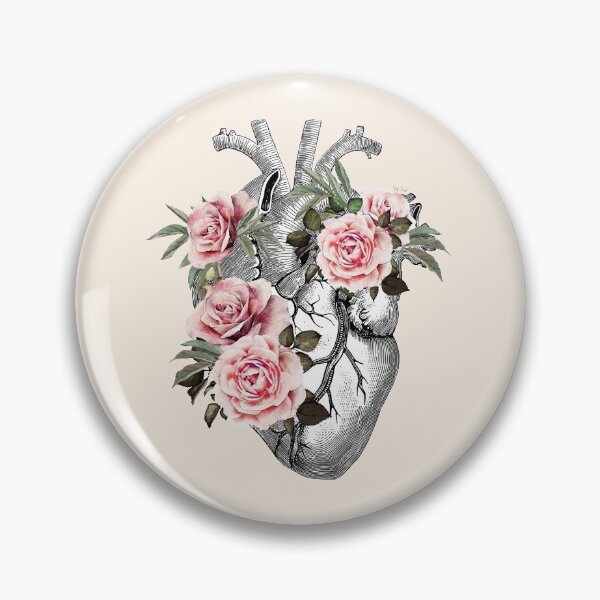 Item preview, Human heart illustration art, lightpink roses and green leaves, vintage effect designed and sold by Collagedream.