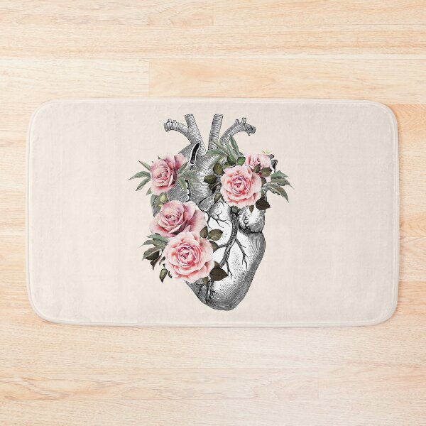 Item preview, Human heart illustration art, lightpink roses and green leaves, vintage effect designed and sold by Collagedream.