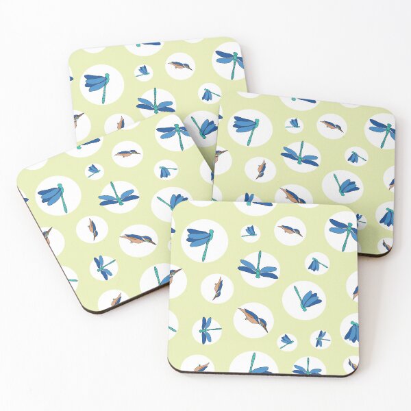 Item preview, Dragonflies and Kingfisher in circles on green background designed and sold by Meg M Studio.