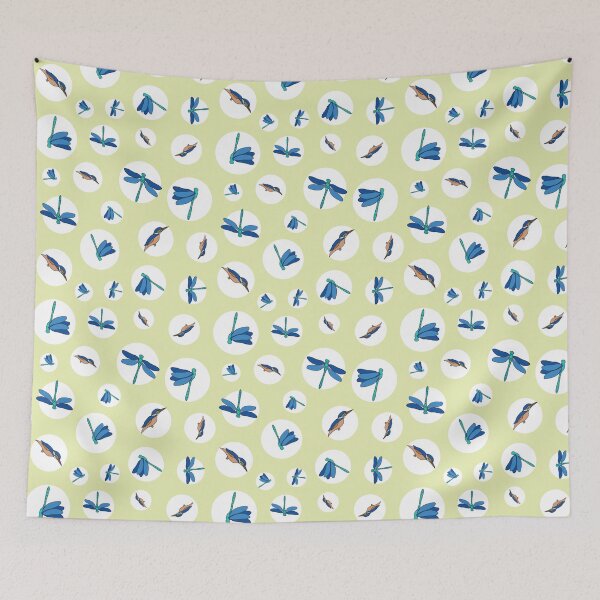 Item preview, Dragonflies and Kingfisher in circles on green background designed and sold by Meg M Studio.