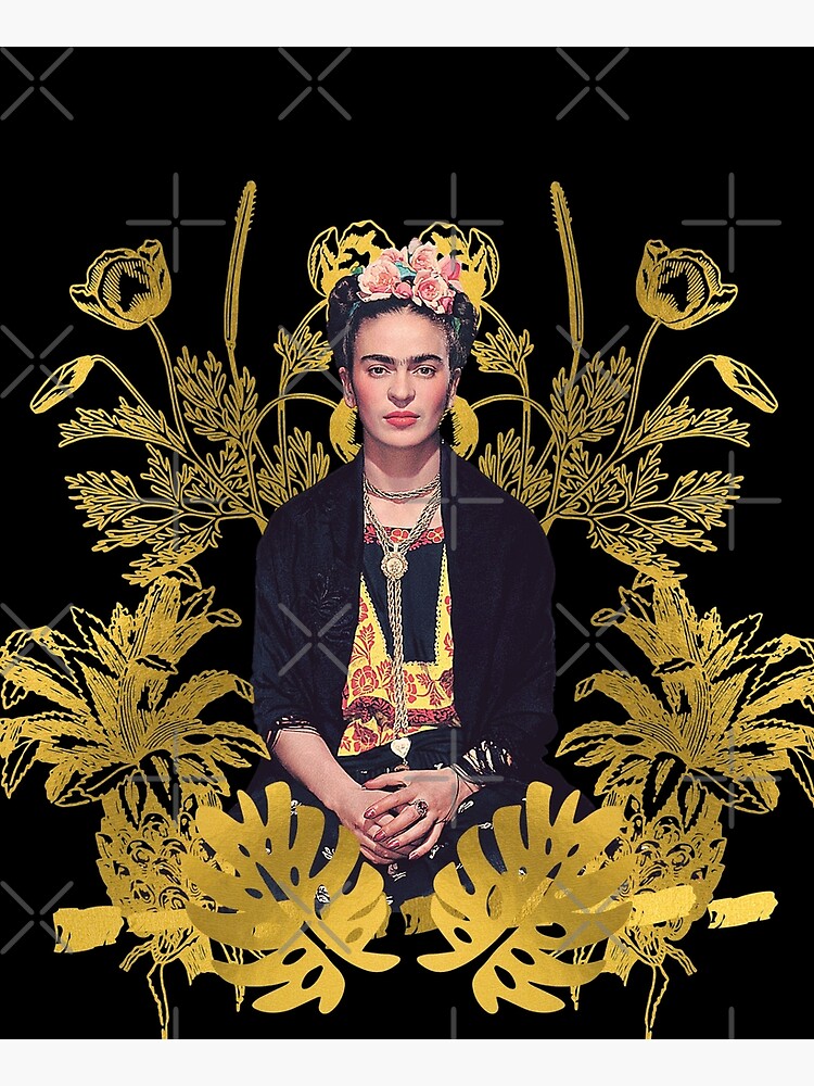 Frida Kahlo portrait color, golden flowers, black background by RebecaCuellar