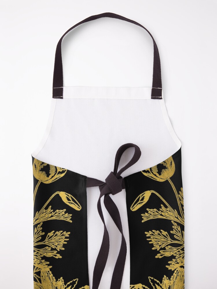 Alternate view of Frida Kahlo portrait color, golden flowers, black background Apron