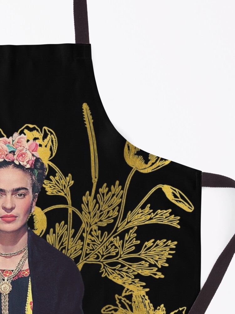 Alternate view of  Frida Kahlo portrait color, golden flowers, black background Apron