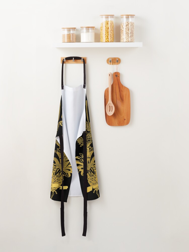Alternate view of Frida Kahlo portrait color, golden flowers, black background Apron